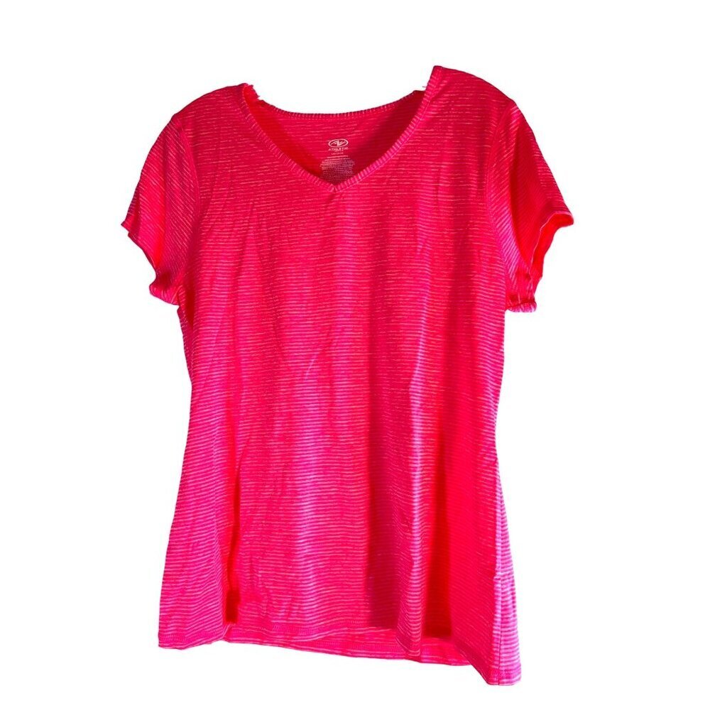 Athletic Works Womens Tee Short Sleeve V-Neck Pink Striped Size L 12-14